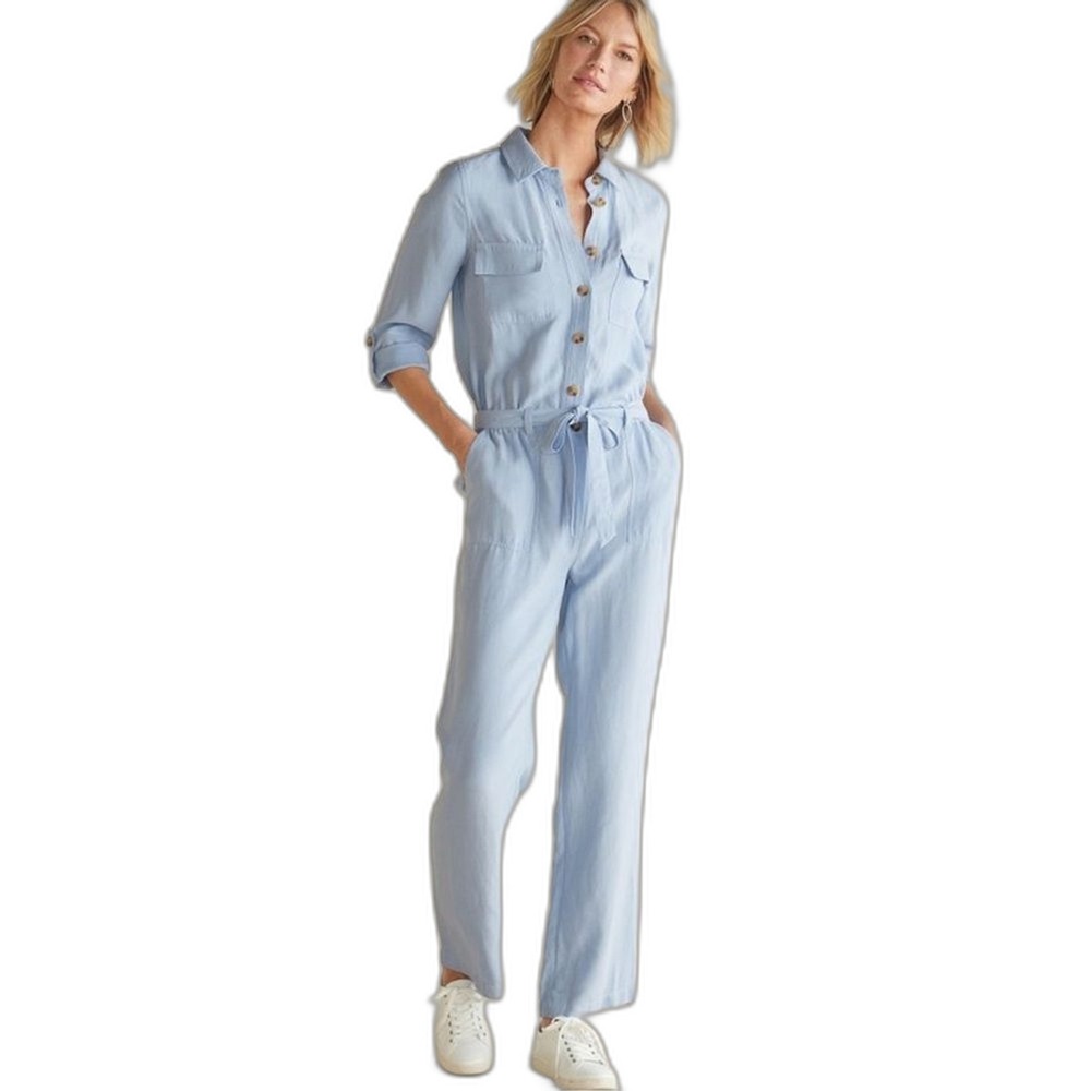 Soft Surroundings Women Kerry Jumpsuit Linen Blend Button Up Light Blue Size 10